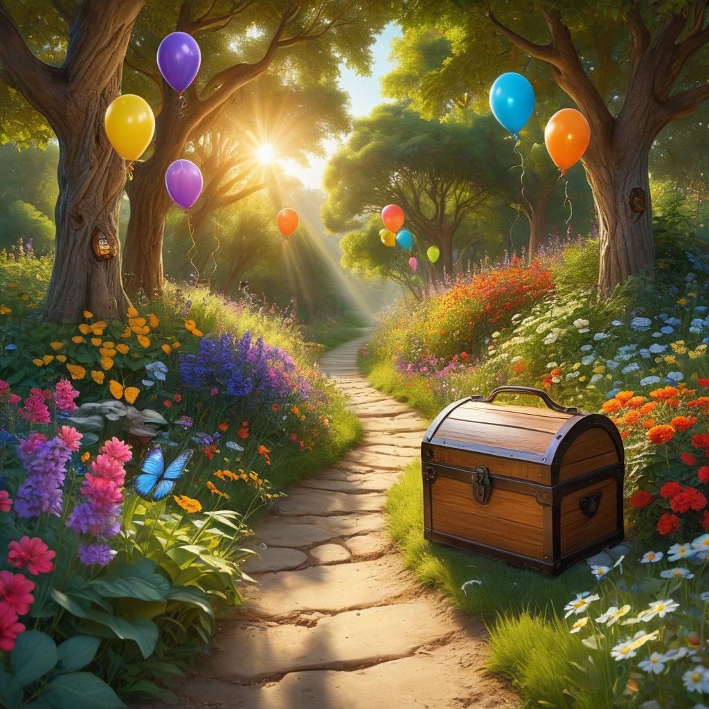 A whimsical landscape featuring a sunlit path leading to a treasure chest overflowing with joyful symbols like smiles, balloons, and flowers, surrounded by lush greenery and colorful butterflies. The scene should evoke a sense of happiness and discovery, with bright sunlight streaming through the trees and creating a warm, inviting atmosphere. super-realistic. vibrant colors. playful style.