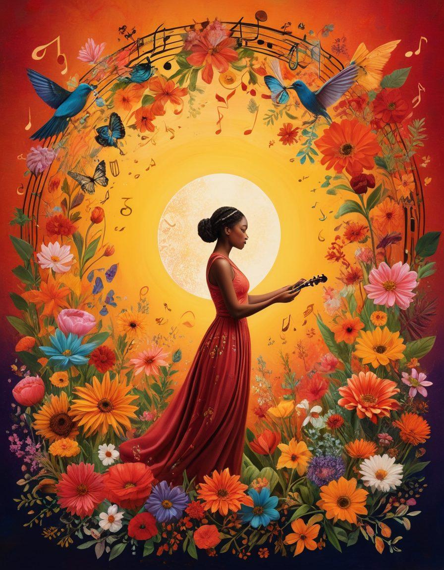 A captivating collage of diverse individuals joyously exploring various activities, representing different cultures and backgrounds, surrounded by symbols of universal joy like music notes, art supplies, and nature. Warm light radiates from the center, evoking an inviting and inclusive atmosphere. Delicate floral patterns intertwine around the images, enhancing the feeling of harmony and connection. vibrant colors. super-realistic.