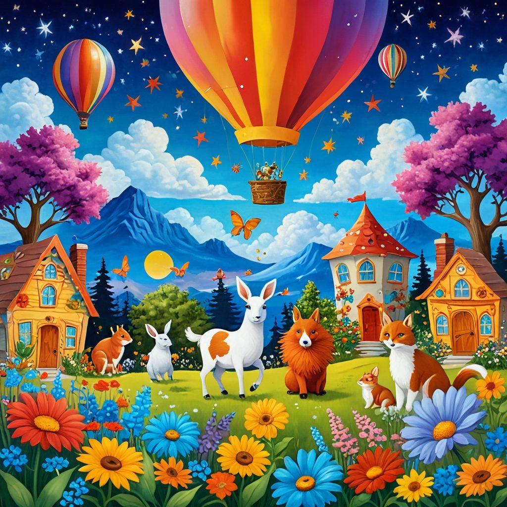 A whimsical landscape filled with vibrant, colorful treasures like playful animals, oversized flowers, and sparkling stars, symbolizing joy and discovery. A diverse group of cheerful people of all ages exploring together, with expressions of wonder and happiness. Bright blue skies above, dotted with fluffy clouds. The scene should evoke a sense of adventure and delight, inviting viewers to join in the exploration of cheerful finds. retro style with vivid colors.